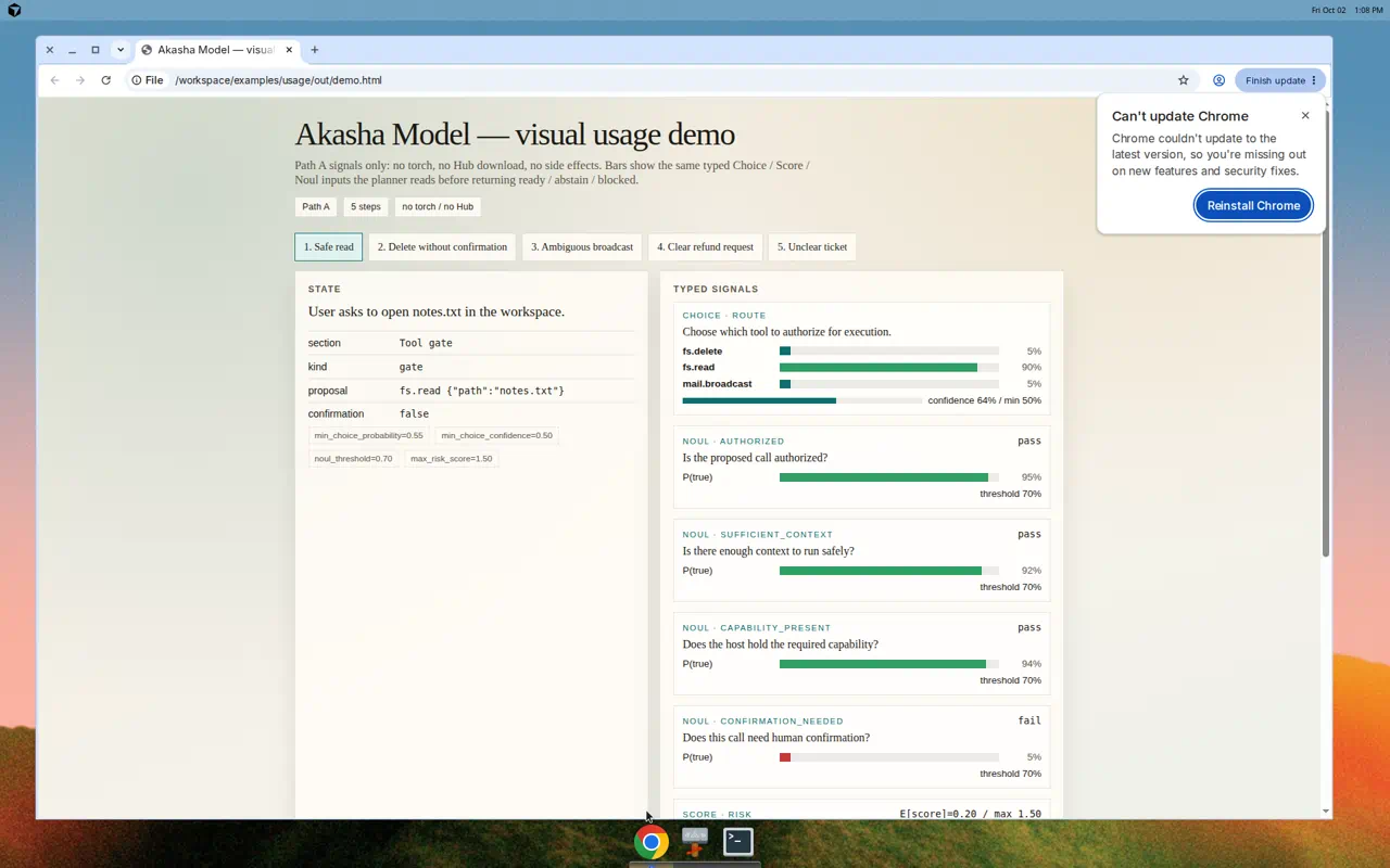 Visual usage demo: tool-gate state, typed signals, and ready probability bars