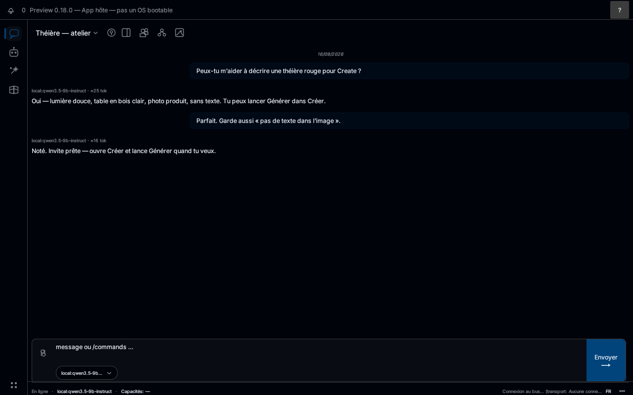 Akasha OS Preview chat composer with local tools