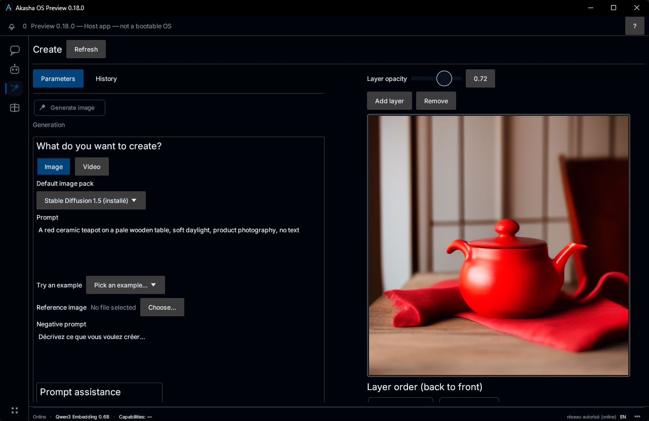 Akasha OS Preview — Create module with prompt, layers, and generation controls